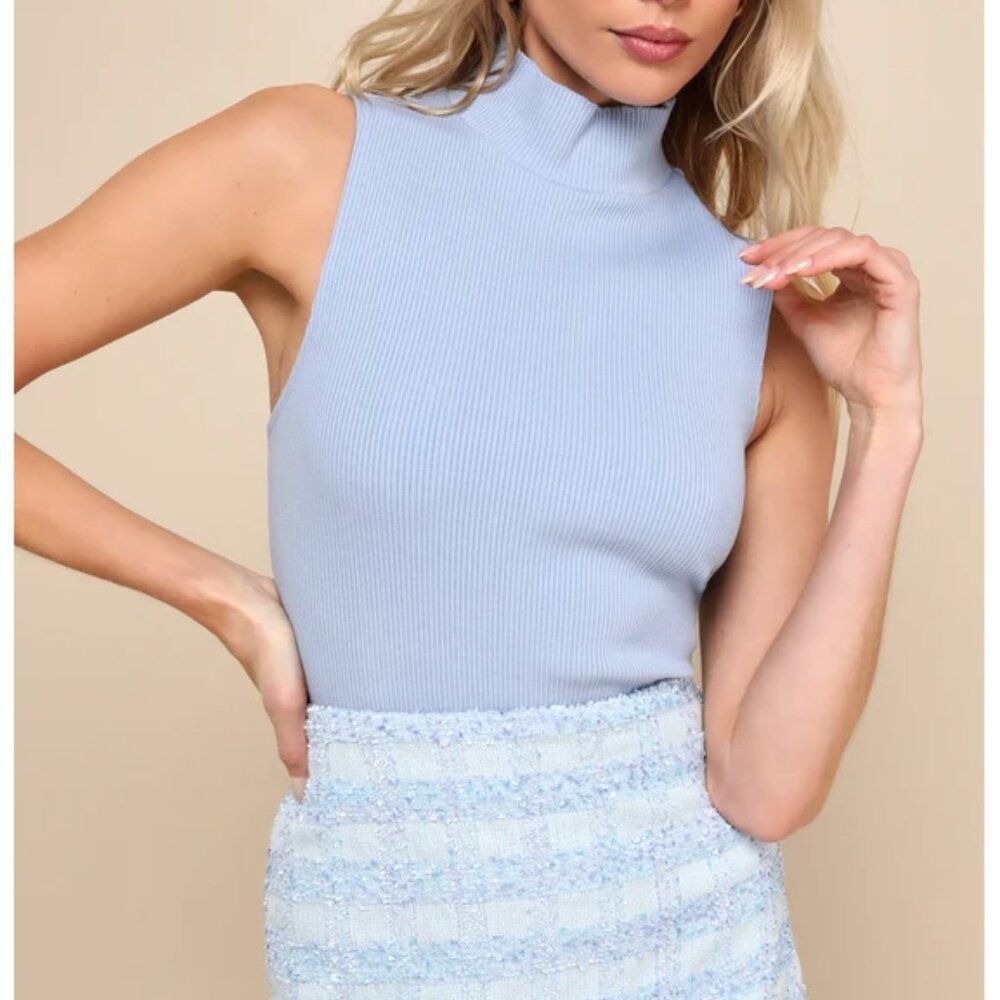 Lulus Wilde Light Blue Ribbed Mock Neck Sleeveless Tank Top - Size XS
